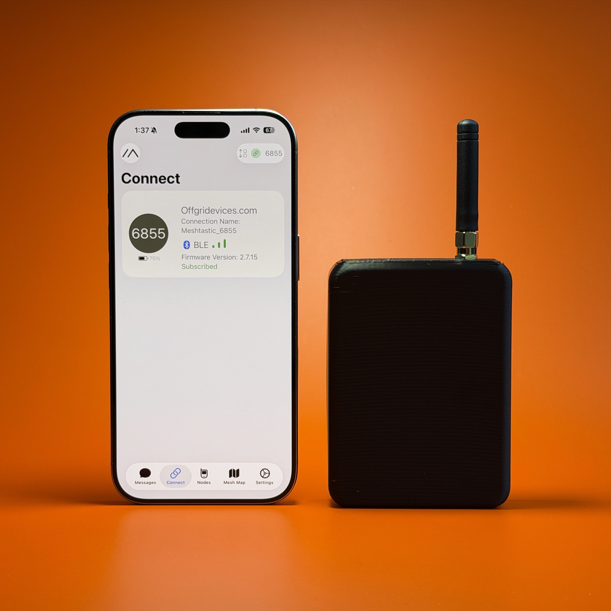 Beacon 2 beside an iPhone running the Meshtastic app, connected over Bluetooth